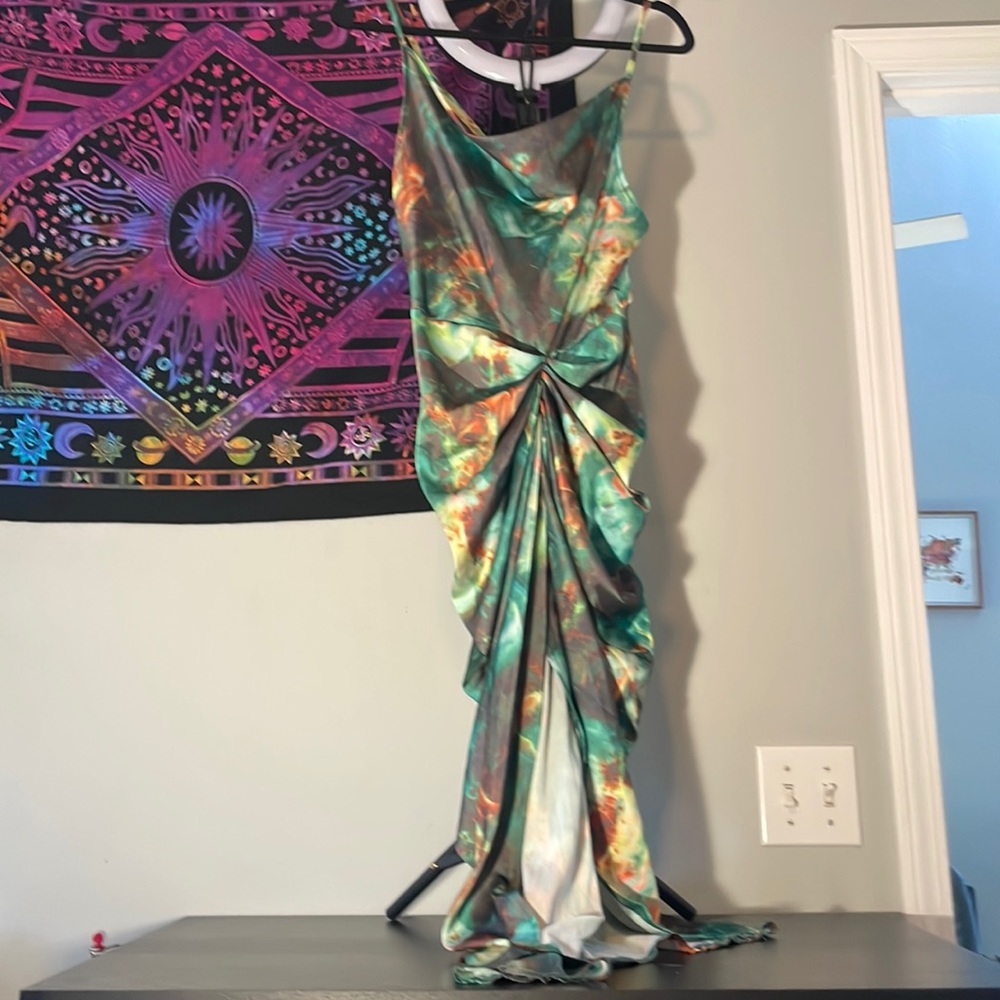 Green print satin asymmetrical dress